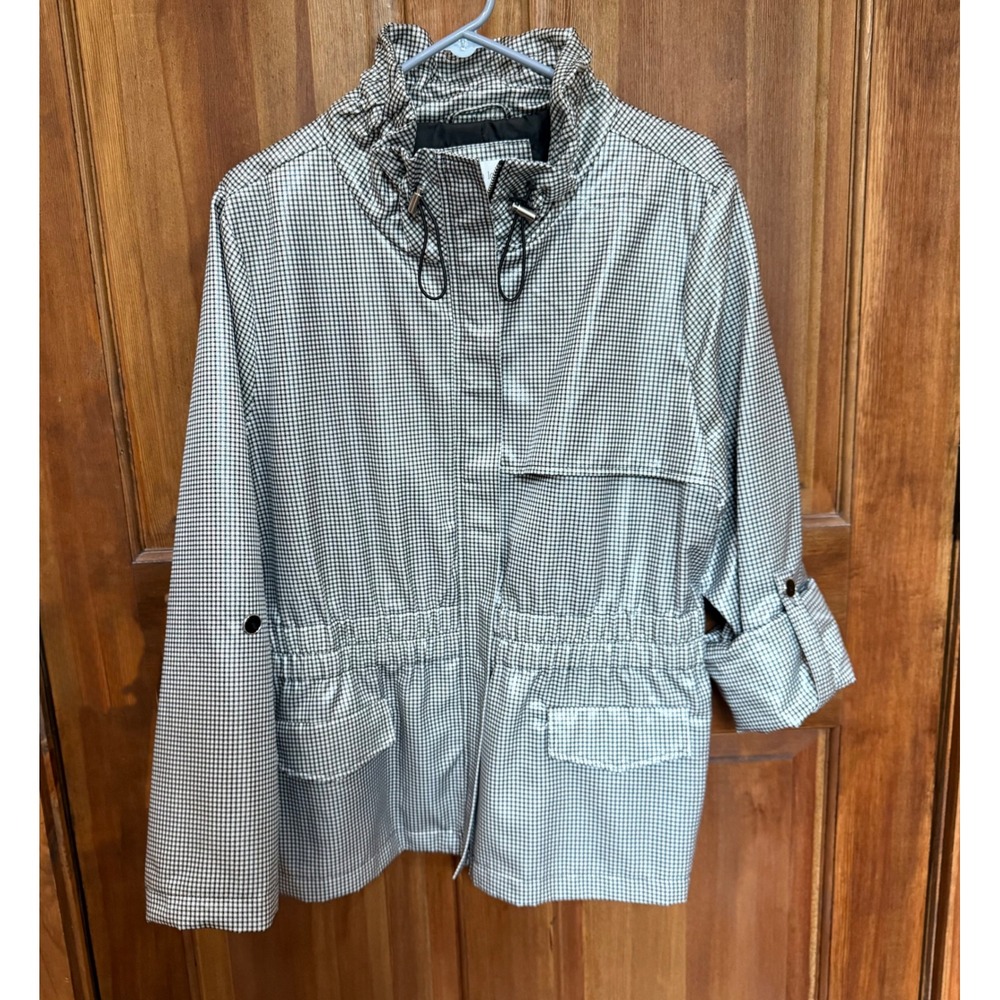 Erin London Womens Gingham‎ Utility Jacket Black White Check Funnel Neck Anorak